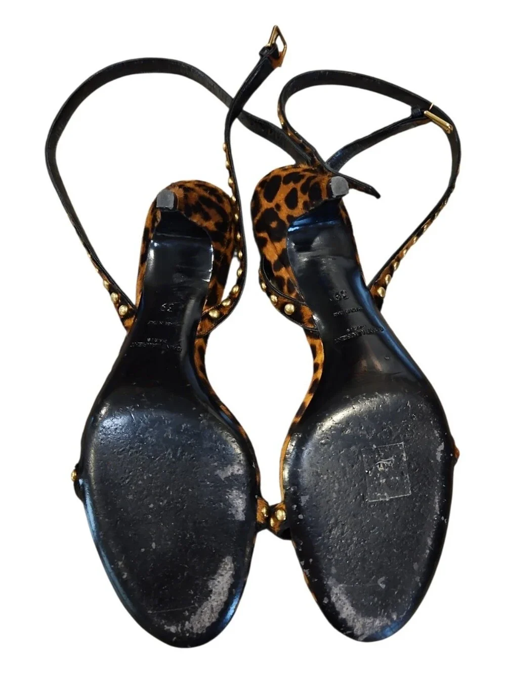 Saint Laurent SZ 8.5 Brown Calf Hair Studded 2.5" Kitten Heel Ankle Strap Sandal - Picture 5 of 11